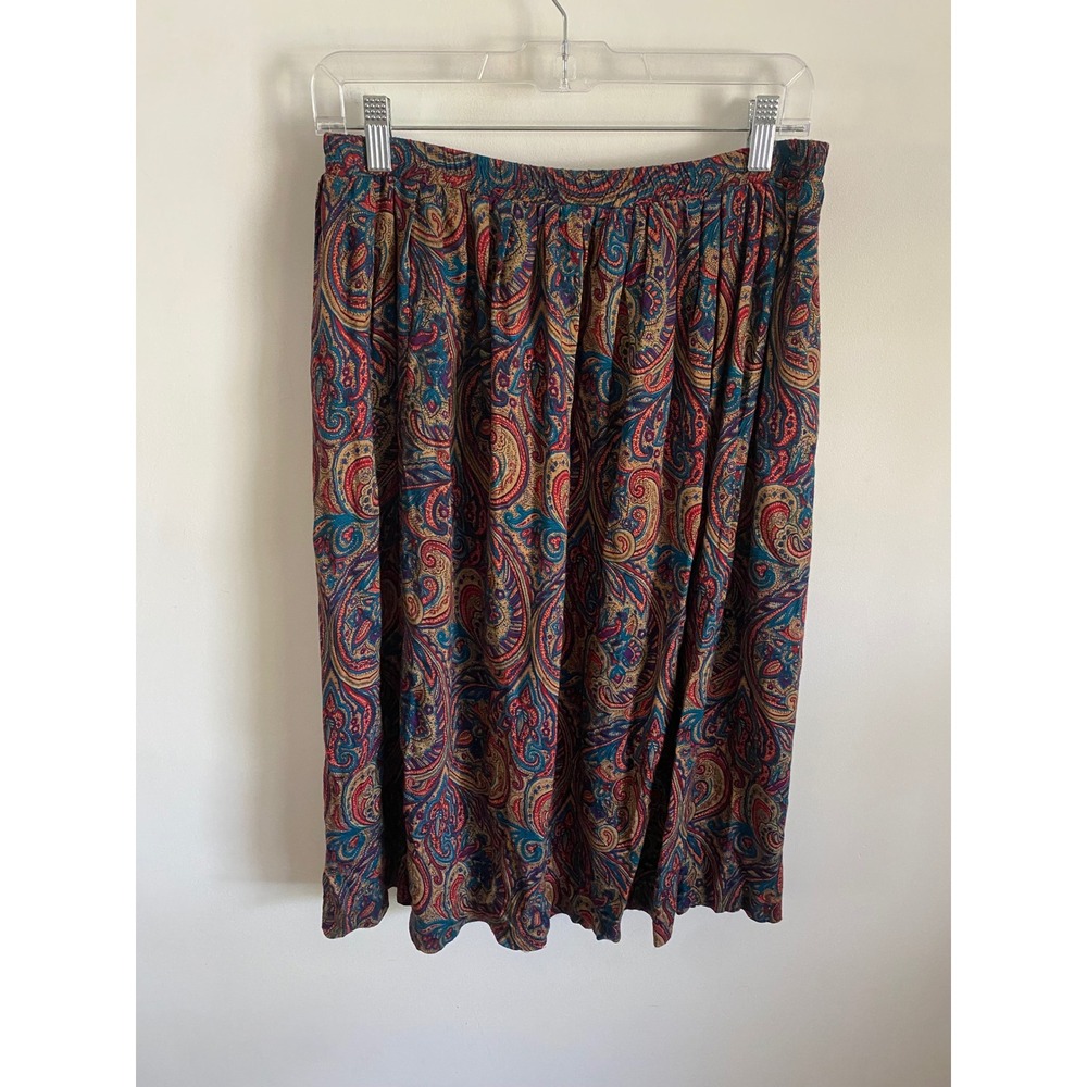 Jeffrey & Dara Linda Hutley Vintage Paisley Rayon Midi Skirt Red Teal 13/14